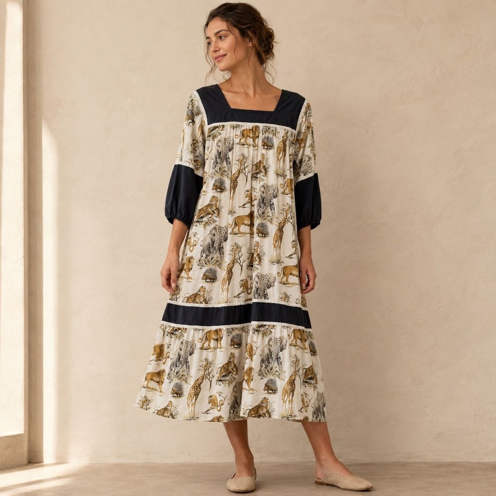 Vintage Safari Print Tiered Midi Dress Size L/XL Boho Animal Print Whimsical